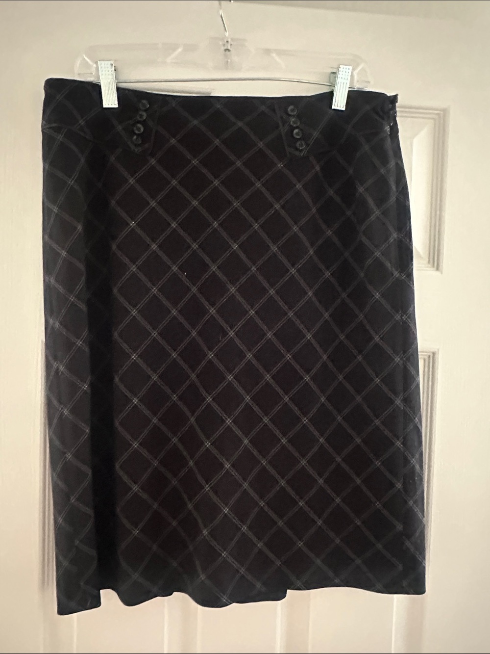 White House Black Market Black Diamond-Check Midi Skirt with Button Detail